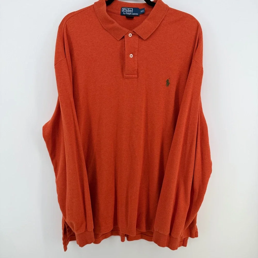 Polo Ralph Lauren Men's XXL Orange Long Sleeve Polo Shirt Cotton Olive Pony